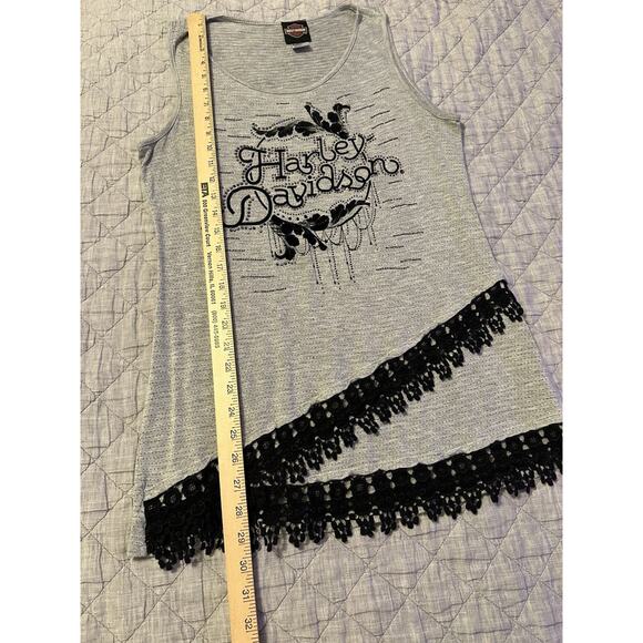 Harley Davidson Rhinestone Lace Hem Tank Top Womens Large Gray Tiered Biker Chic - Picture 9 of 10
